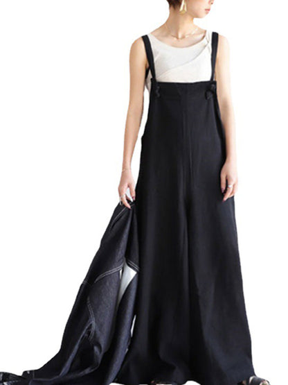 Simple Ramie Cotton Solid Color Wide Leg Overalls