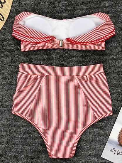 Striped Ruffled With High Waist Bikini Set