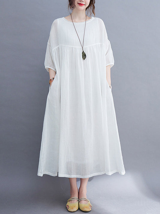 Simple Solid Color Puff Sleeve Midi Dress