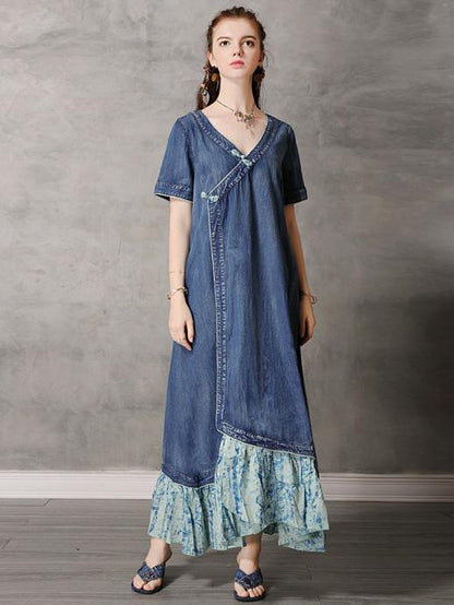 Original Retro Split-joint Cropped Frog Long Dress
