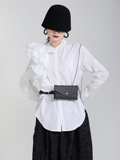Stylish Falbala Split-Joint Solid Color Buttoned Stand Collar Long Sleeves Blouse