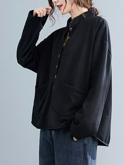 Casual Solid Color Buttoned Split-Joint With Pocket Stand Collar Long Sleeves Sweatshirts