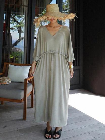Loose Gray V-neck Elastic Waist Long Dress