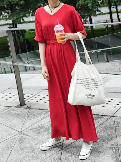 Loose Solid V-neck Short Sleeves Dress