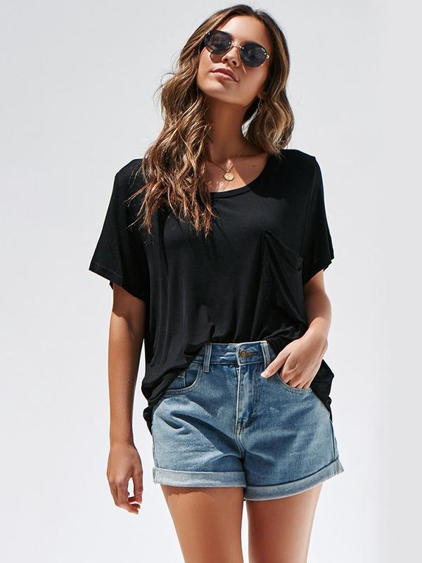 Round Neck Short Sleeve with Pocket Blouses&Shirts Tops
