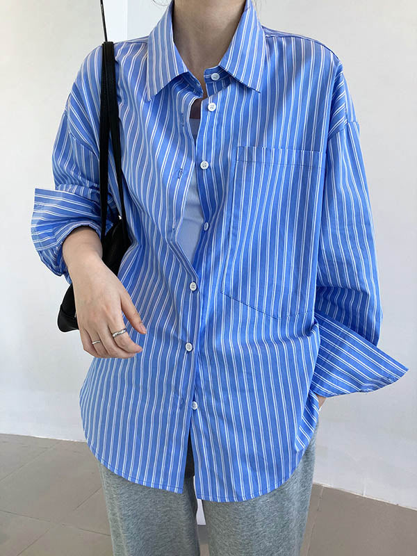 Chic Simple Striped Buttoned Split-Joint With Pocket Lapel Collar Long Sleeves Blouse