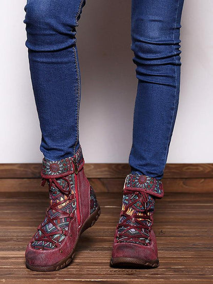 Printed Zipper Bandage Leather Boots