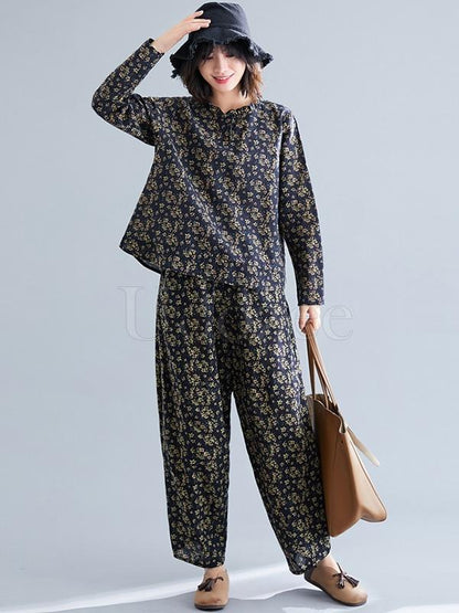 Loose Retro Floral Printed Blouses and Pants Suits