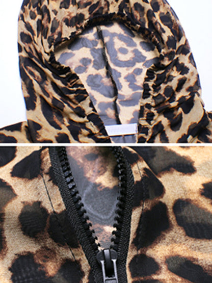 Original Leopard Zipper Split-Side Hooded Long Sleeves Sun-Protection Outerwear