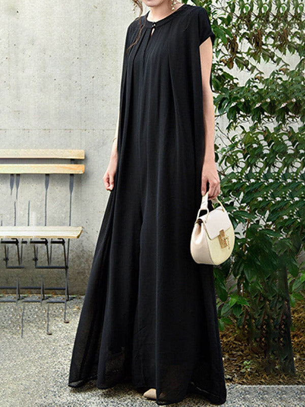 Stylish Chiffon Pleated Hollow Round-Neck Wide Leg Jumpsuits