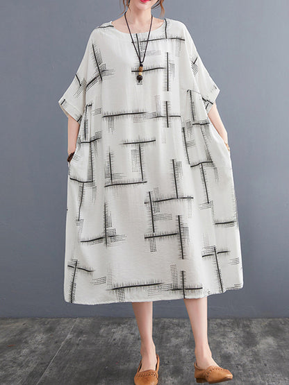 Artistic Retro Loose Striped Printed Contrast Color Midi Dress