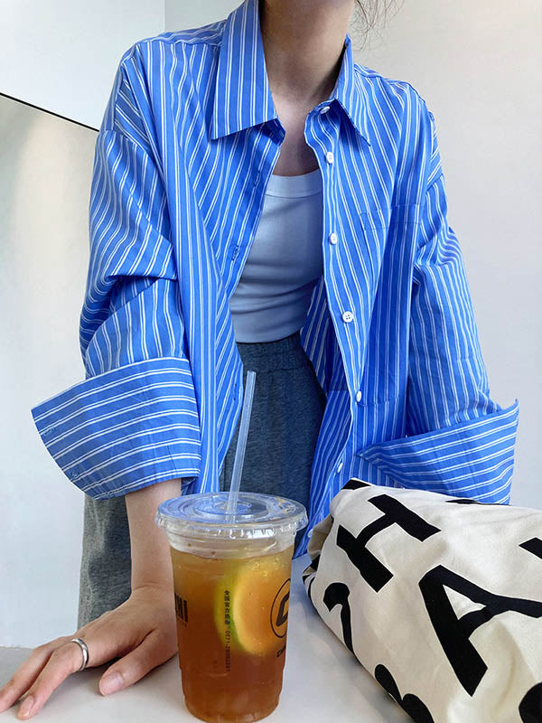 Chic Simple Striped Buttoned Split-Joint With Pocket Lapel Collar Long Sleeves Blouse