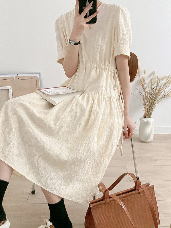 Urban Solid Color V-Neck Drawstring Short Sleeves Midi Dress