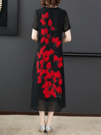 Chiffon Loose Leaves Print Dress