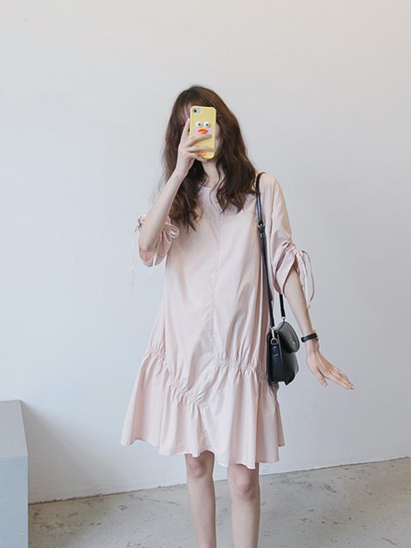 Maternity Solid Half Sleeves Round-neck Midi Dress