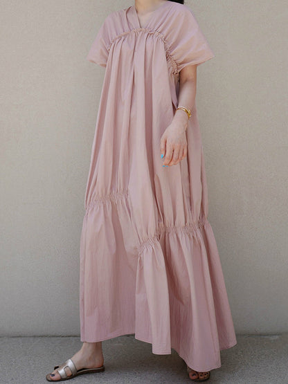 Casual Solid Color Falbala Pleated V-Neck Short Sleeves Maxi Dress