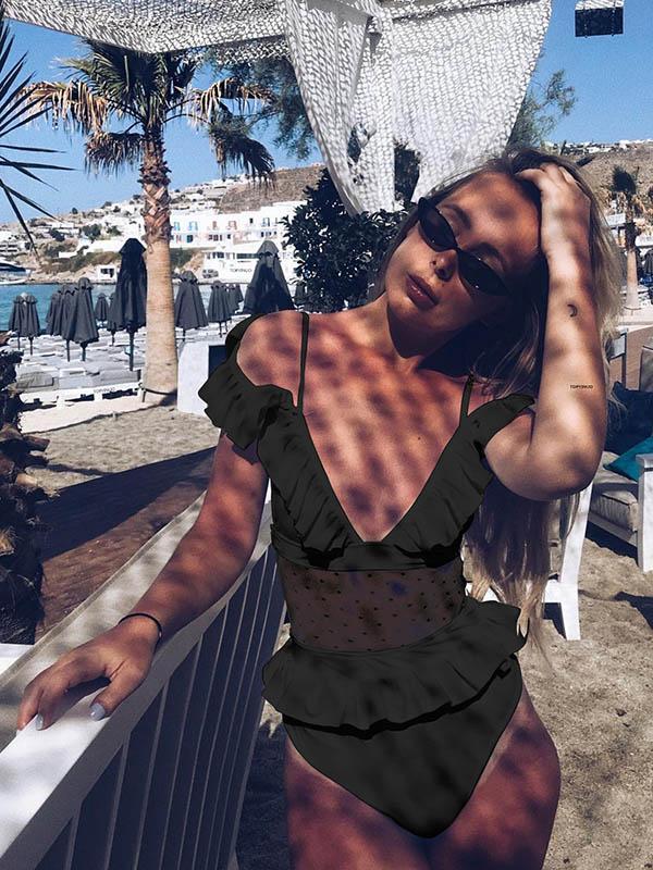 V-neck Falbala Gauze One-piece Swimwear