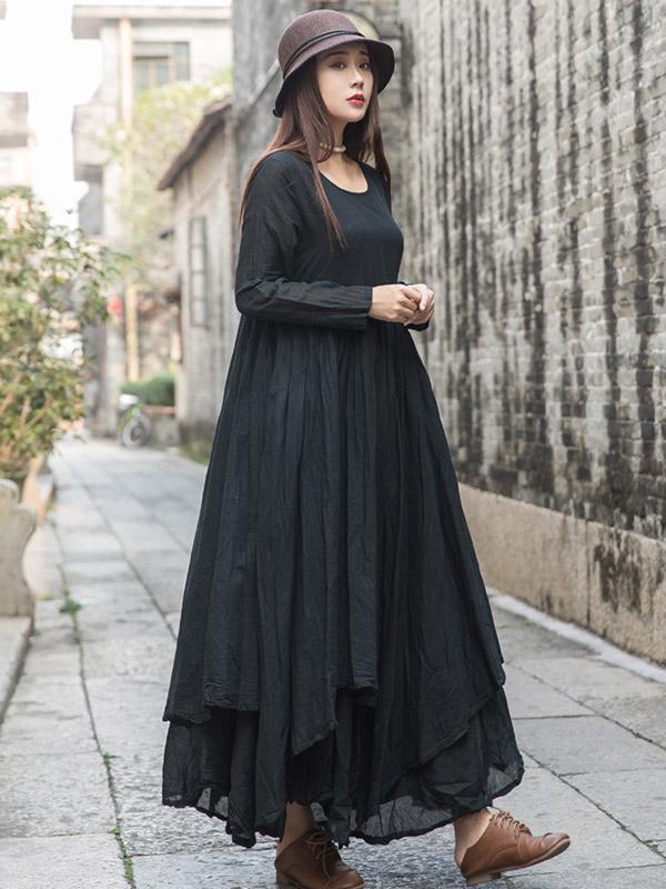 Cotton Solid Split-joint Ramie Cotton Big Hemline Long Dress