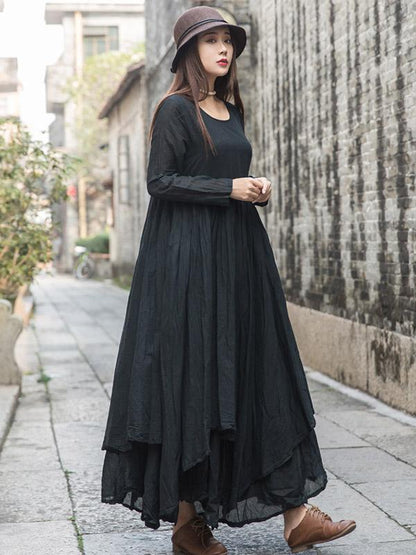 Cotton Solid Split-joint Ramie Cotton Big Hemline Long Dress