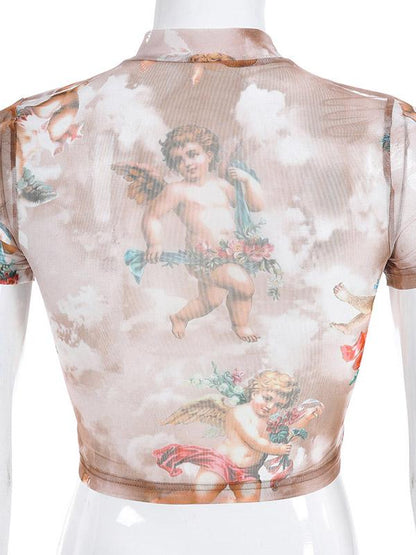 Sports Short Sleeves Printed Gauze T-shirt