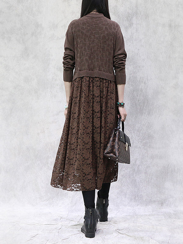 Artistic Retro Solid Color Split-Joint Buttoned Embroidered Hollow Lace Stand Collar Long Sleeves Knitted Sweater Dress