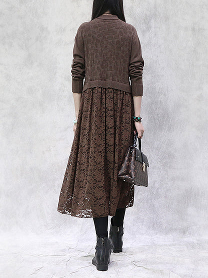 Artistic Retro Solid Color Split-Joint Buttoned Embroidered Hollow Lace Stand Collar Long Sleeves Knitted Sweater Dress