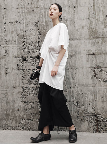 Simple Solid Color Asymmetric Pleated Short Sleeves Round-Neck T-Shirt
