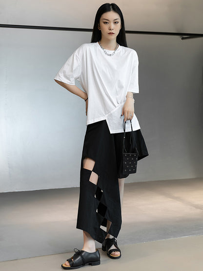 Stylish White Round-Neck Asymmetric Split-Joint T-Shirt