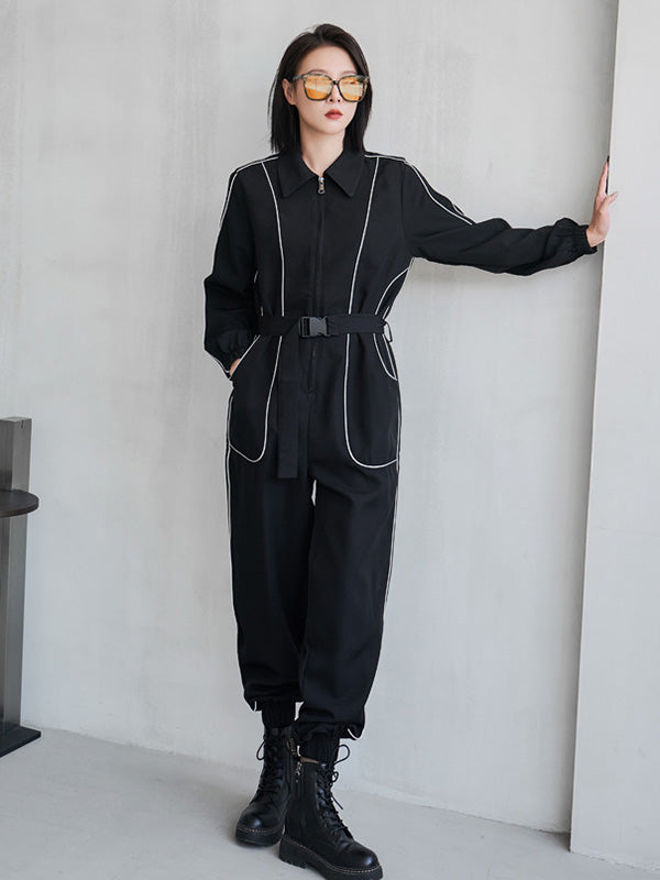 Cool Street Loose High-Waist Zipper Reflective Stripe Lapel Collar Long Sleeves Wide Leg Jumpsuits