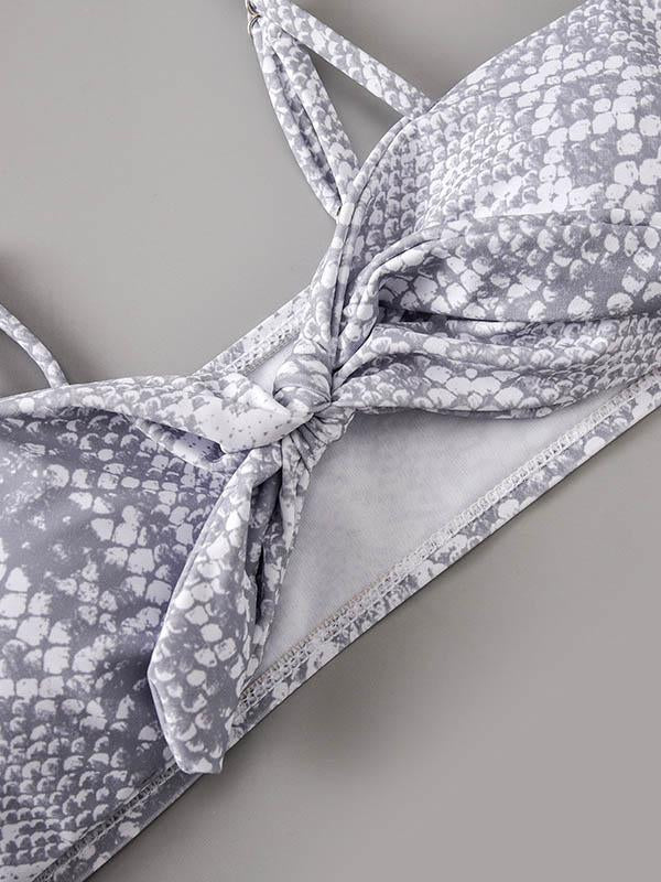 Snake-Print Knotted Bandeau Split Bikini Swimsuit