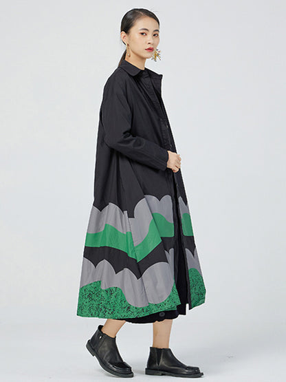 Original Buttoned Contrast Color Lapel Long Sleeves Midi Dress