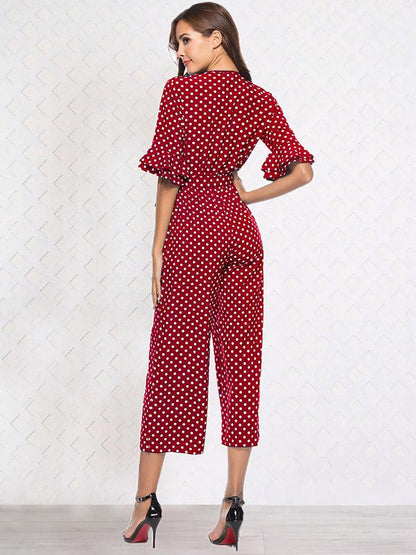 Printed Belted V-neck Half Sleeves Jumpsuit