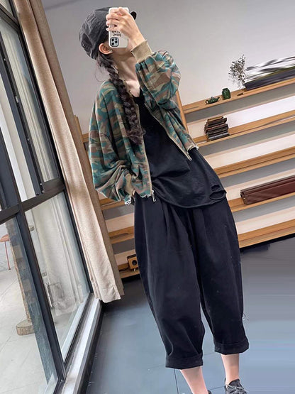 Casual Zipper V-Neck Camouflage Printed Long Sleeves Outerwear