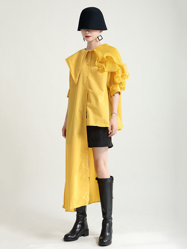 Stylish Irregular 4 Colors Split-Joint Pleated Mesh Falbala Buttoned Lapel Collar Bishop Sleeves Blouse