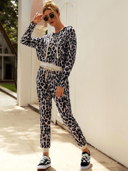 Leopard Drawstring Hoodie&Pants Suits