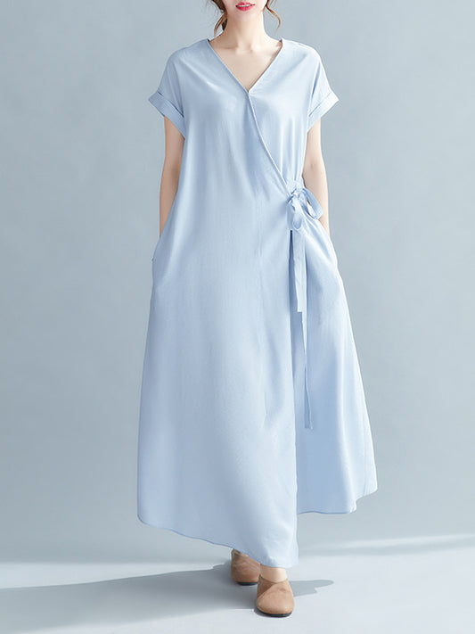 Casual Loose Solid Color Tied V-Neck Short Raglan Sleeves Maxi Dress