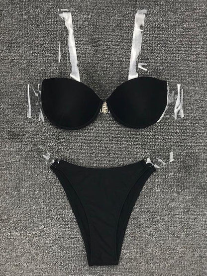 Solid Color See-Through Bandage Split Bikini Swimsuit