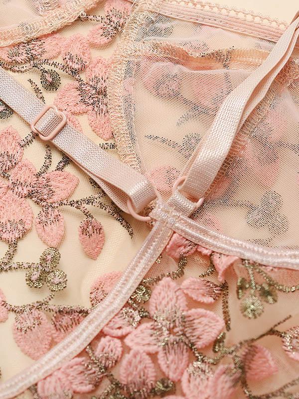 Embroidered See-Through Bandage Bodysuit Lingerie