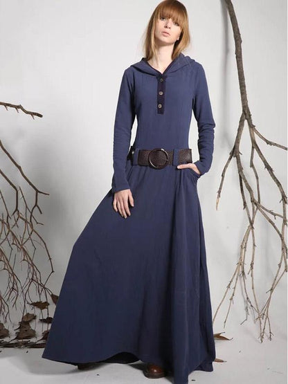 Hooded Long Sleeves Belted Maxi Dress
