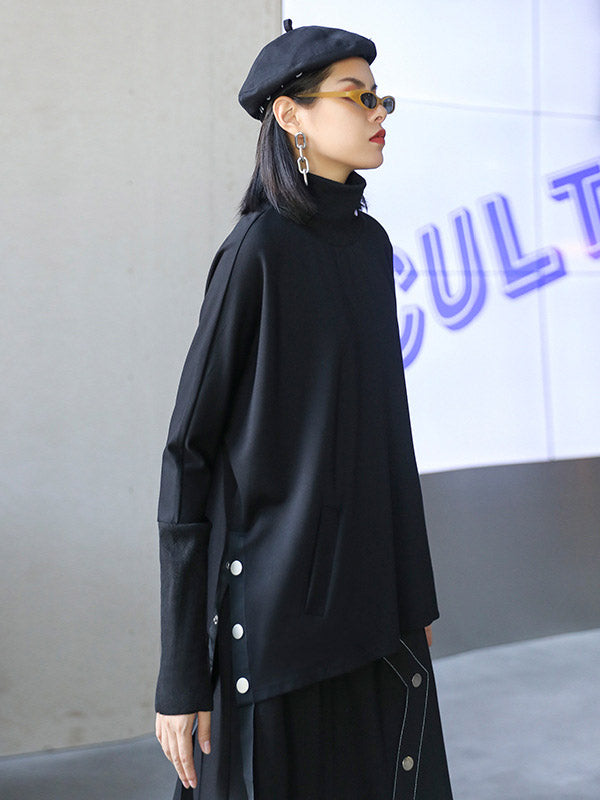 Stylish Selection Long Sleeves Buttoned Split-Side High-Neck Sweatshirt Tops