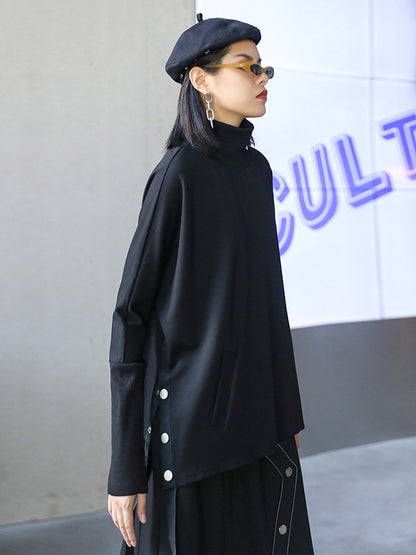 Stylish Selection Long Sleeves Buttoned Split-Side High-Neck Sweatshirt Tops