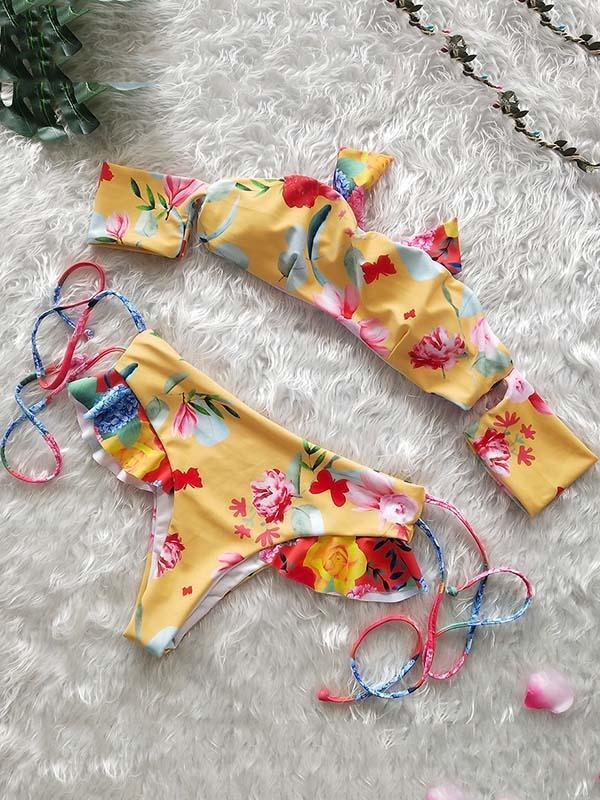 Printed Strapless Lace Up Bikinis Swimwear