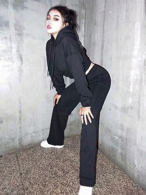 Loose Solid Drawstring Hoodie&Pants Sports Suits