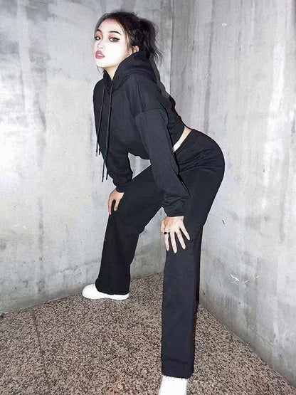 Loose Solid Drawstring Hoodie&Pants Sports Suits