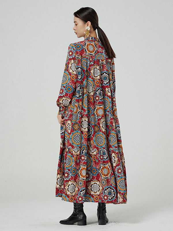 National Floral Printed Buttoned Pleated Stand Collar Long Sleeves Midi Dress