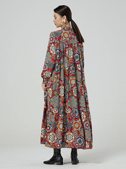 National Floral Printed Buttoned Pleated Stand Collar Long Sleeves Midi Dress