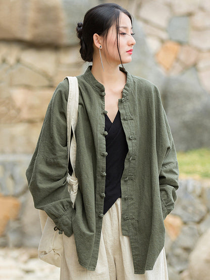 Original Artistic Retro Loose Solid Color Ramie Cotton Blouse Outwear