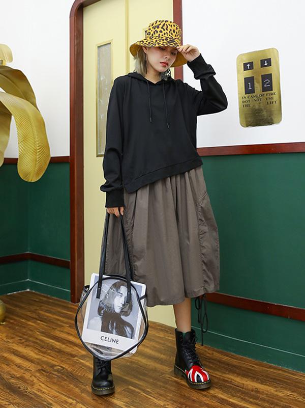 Retro False Two Split-joint Drawstring Sweatshirt Dress