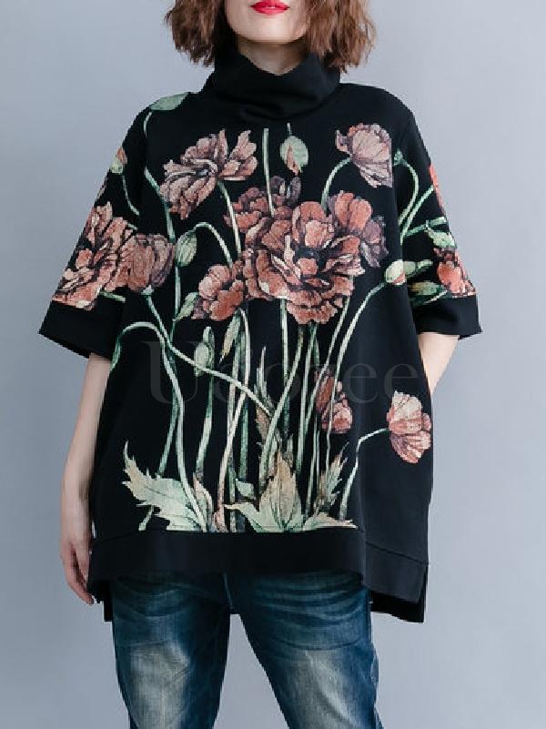 Casual Floral Printed High-neck Sweatshirt