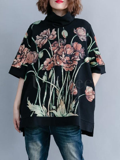 Casual Floral Printed High-neck Sweatshirt